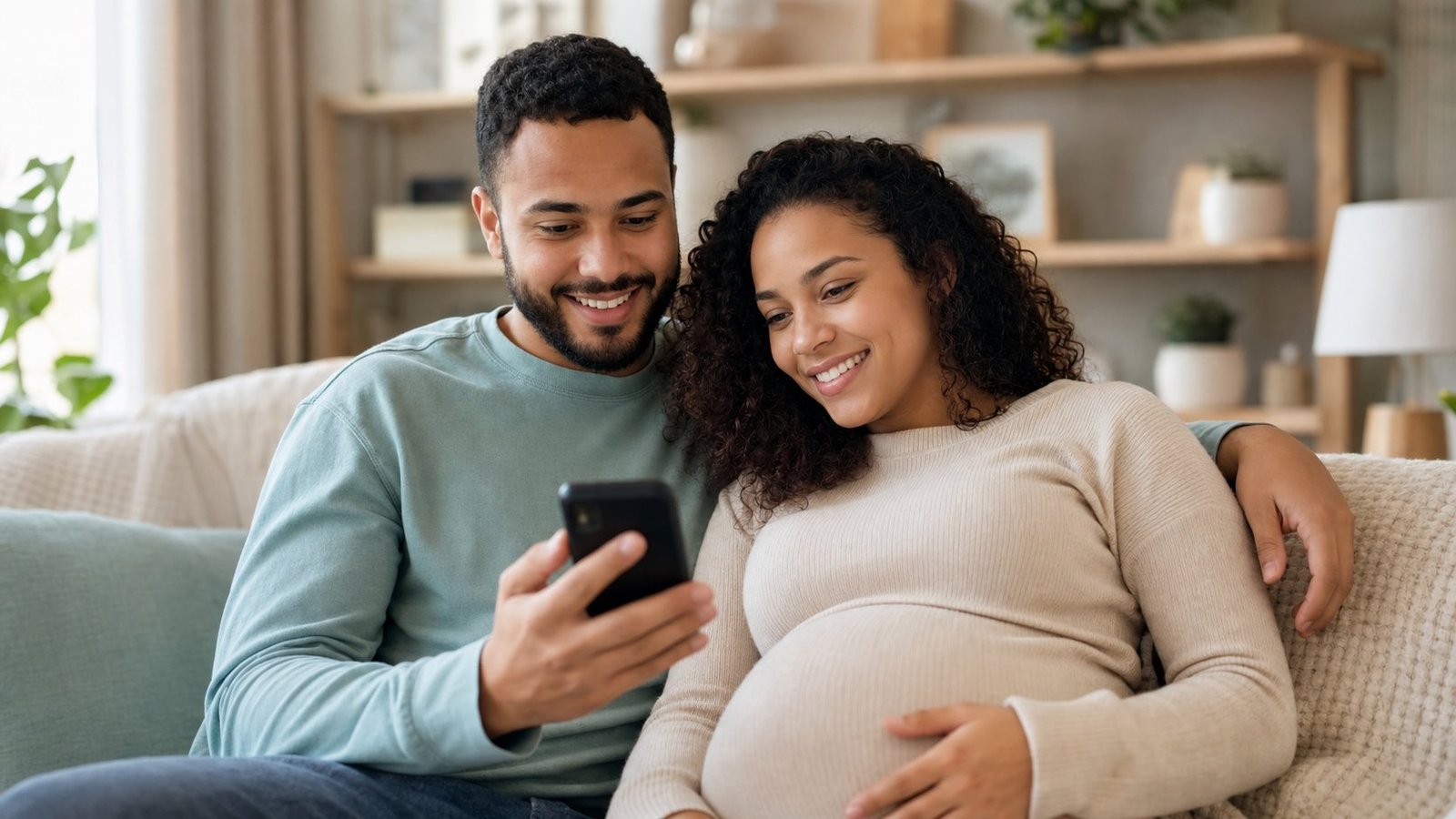 Expecting parents viewing an AI baby preview together